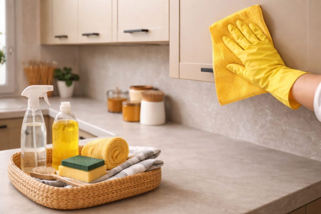 matte keukenkastjes schoonmaken, keukenkastje