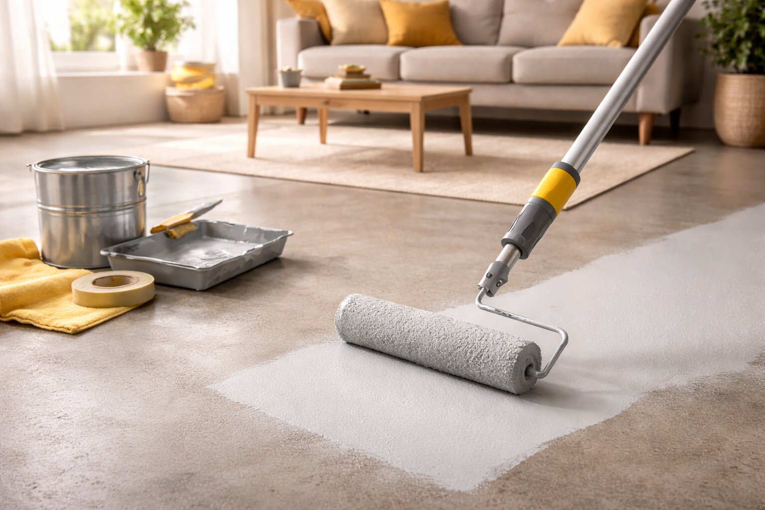 betonvloer verven woonkamer, betonvloer